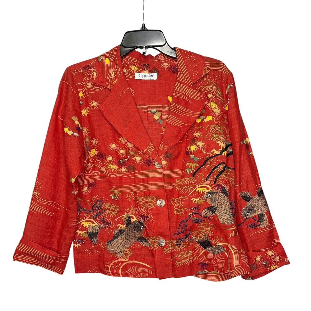 Citron Santa Monica Orange Linen Koi‎ Fish Print Button Front Jacket Womens L